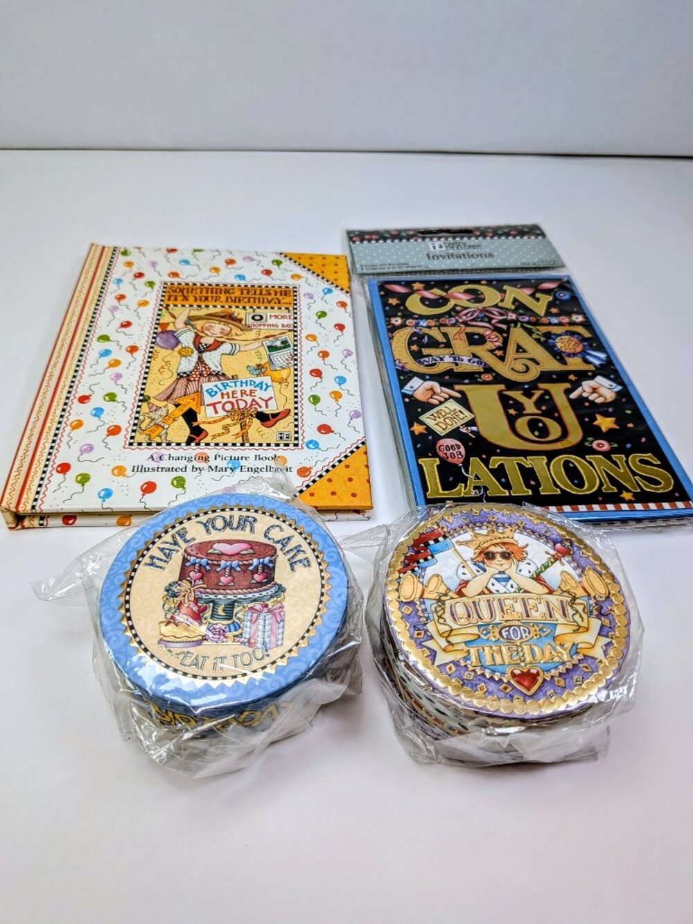 Mary Engelbreit Birthday Gift Lot Book Invitations Decorative Trinket Boxes